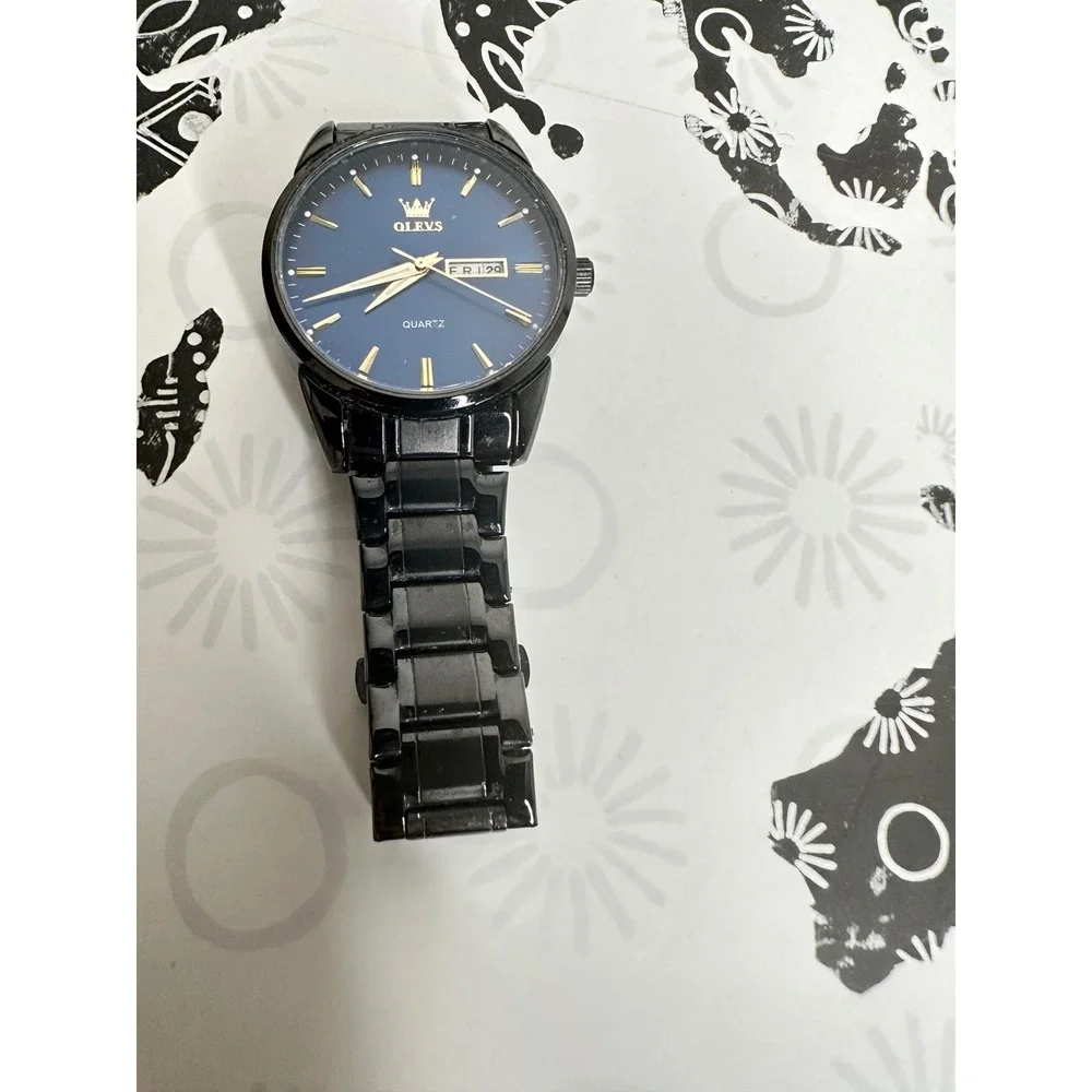 OLEVS Mens Quartz Watch Blue Dial Stainless Steel Black Band Day Date Wristwatch